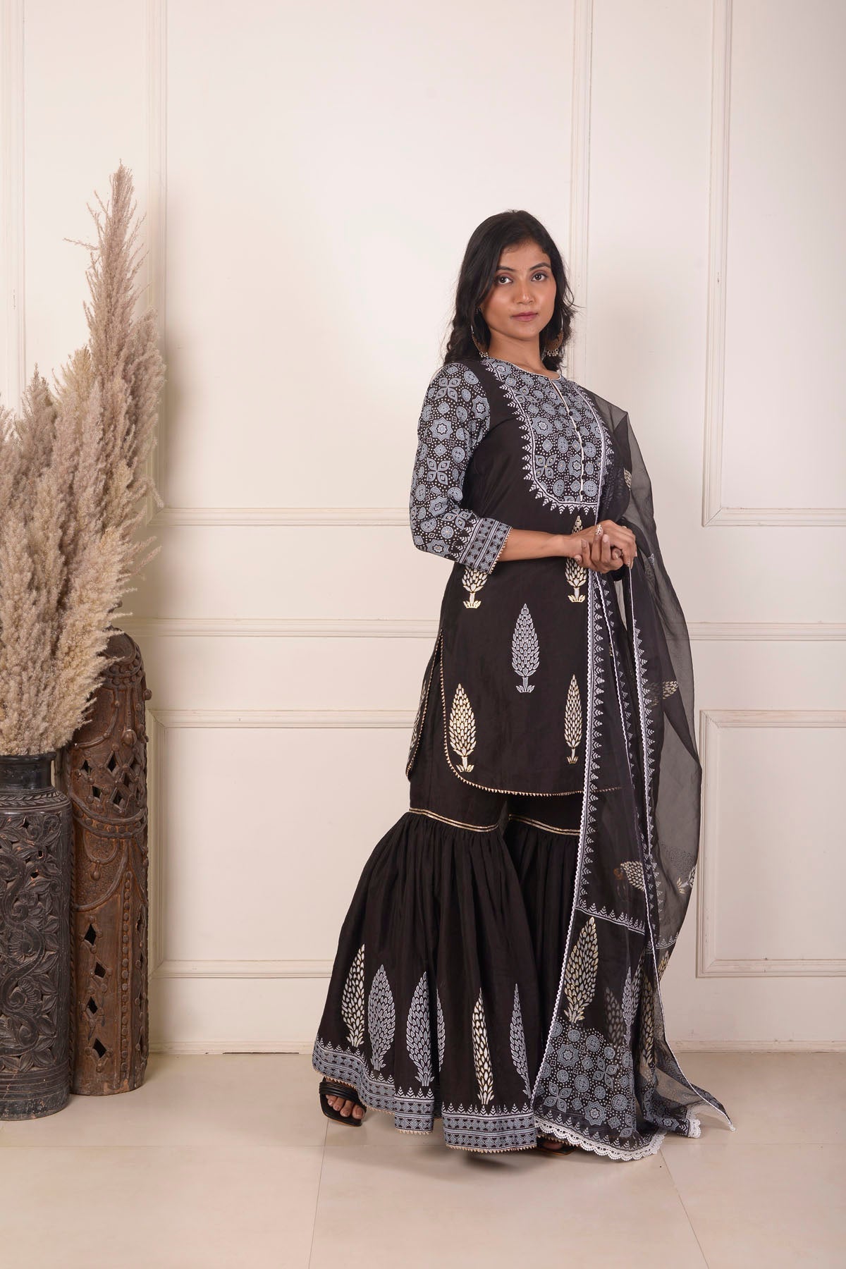 Rimjhim Black With White Lace Work And Foil Block Print Short Kurta With Garara And Dupatta