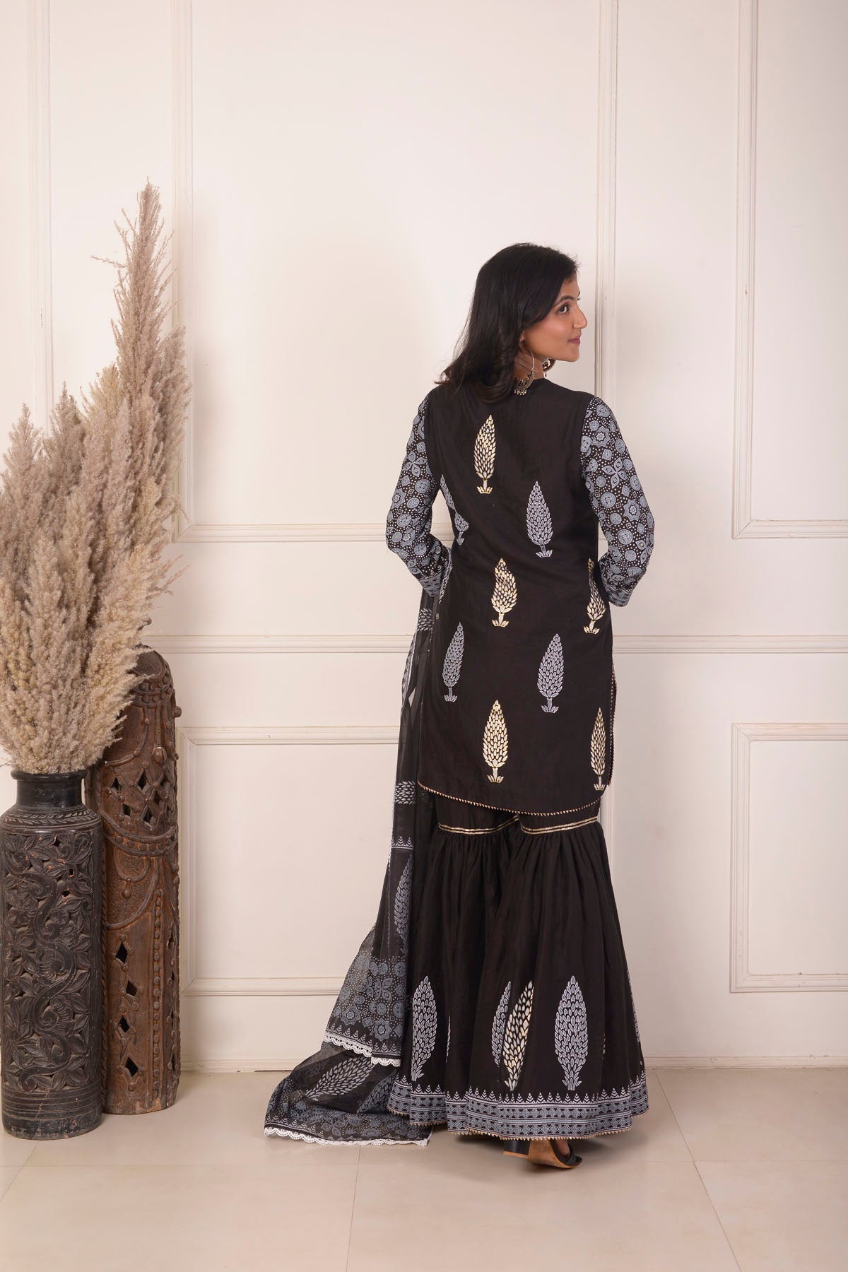 Rimjhim Black With White Lace Work And Foil Block Print Short Kurta With Garara And Dupatta