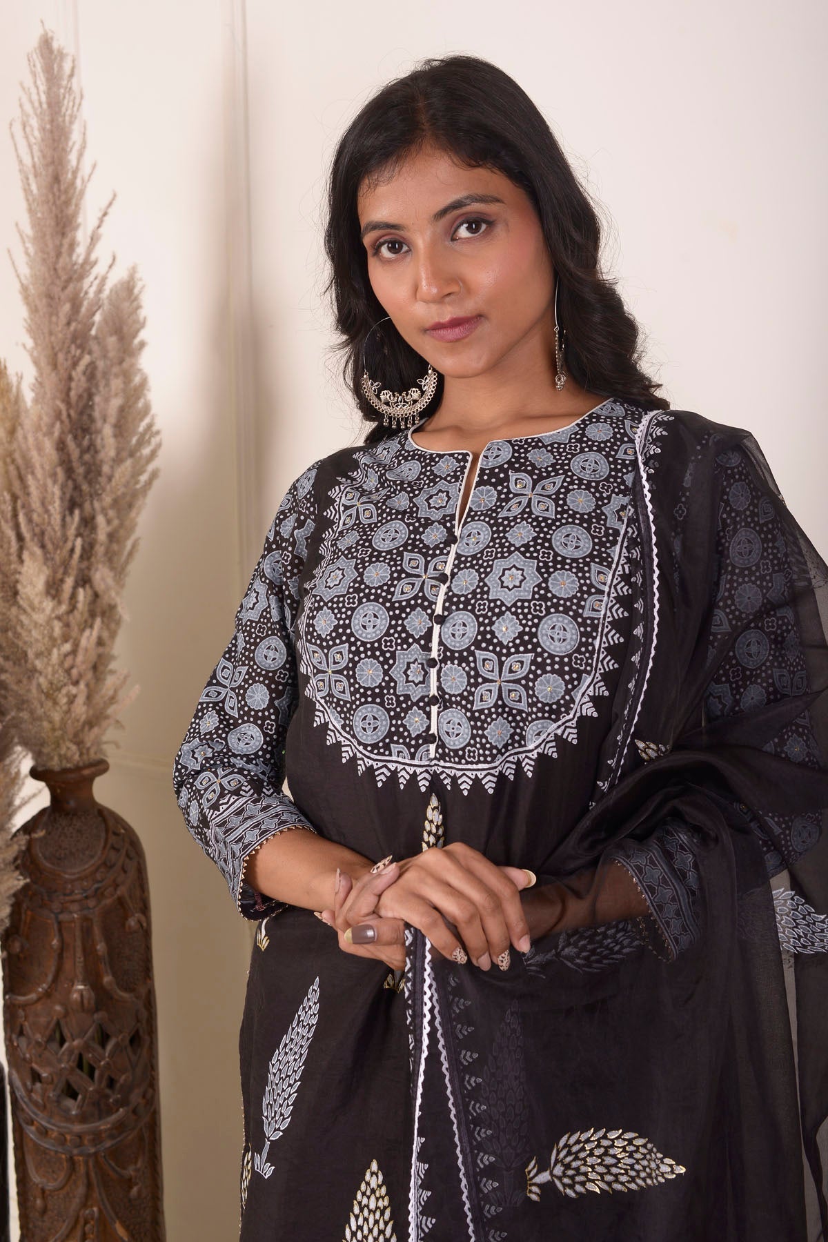 Rimjhim Black With White Lace Work And Foil Block Print Short Kurta With Garara And Dupatta