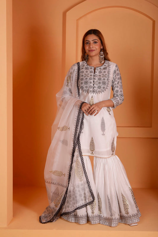 Rimjhim Ivory With Black Lace Work And Foil Block Print Short Kurta With Garara And Dupatta