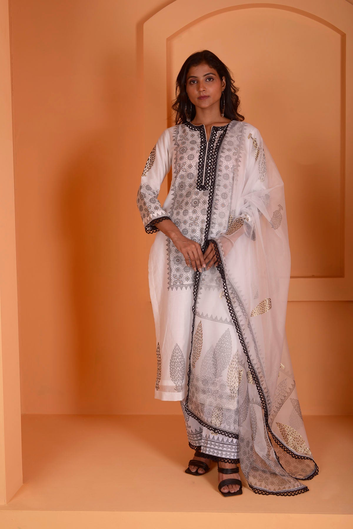 Rimjhim Ivory With Black Lace Work And Foil Block Print Straight Kurta With Plazzo And Dupatta