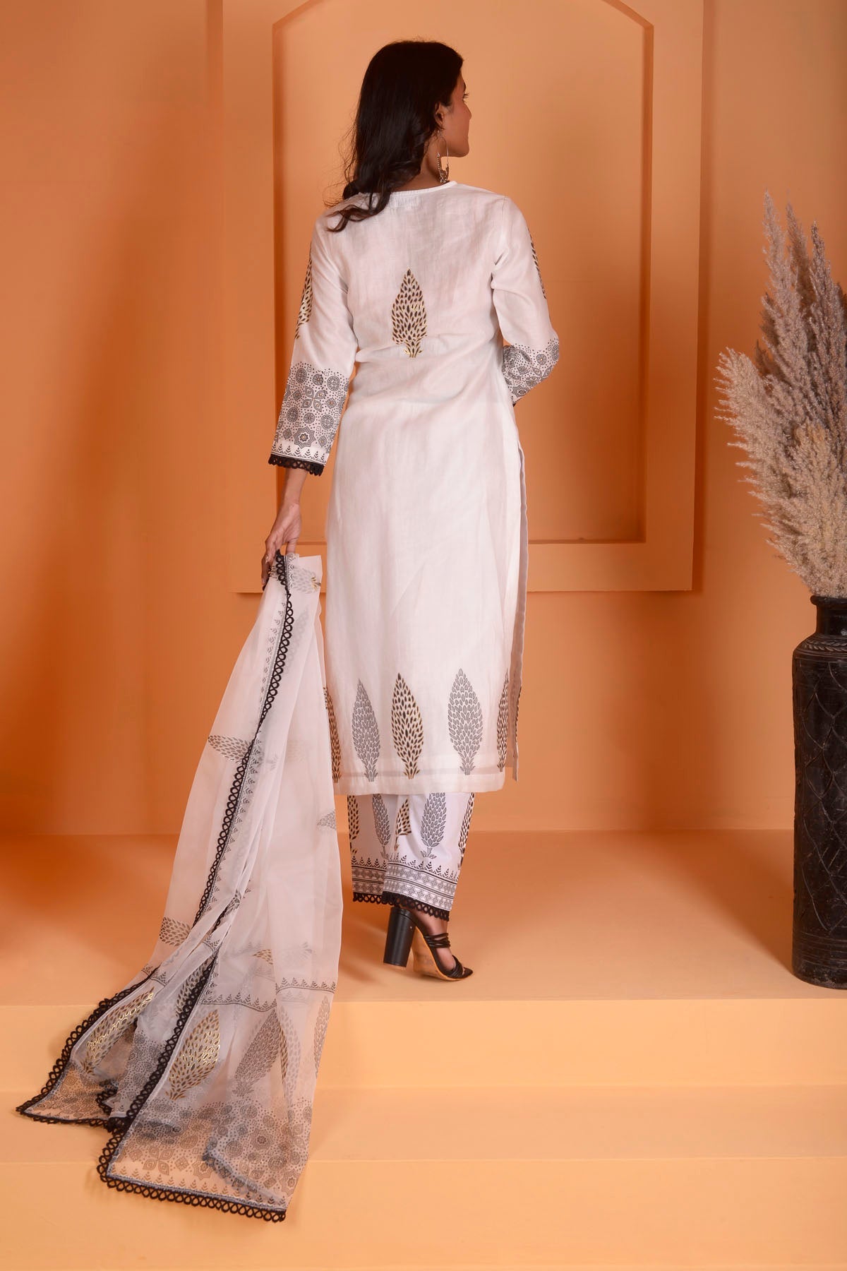 Rimjhim Ivory With Black Lace Work And Foil Block Print Straight Kurta With Plazzo And Dupatta