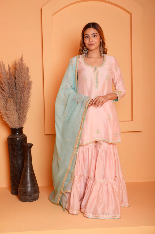 Rimjhim Peach Dori Embroidery Kurta With Garara And Contrast Dupatta