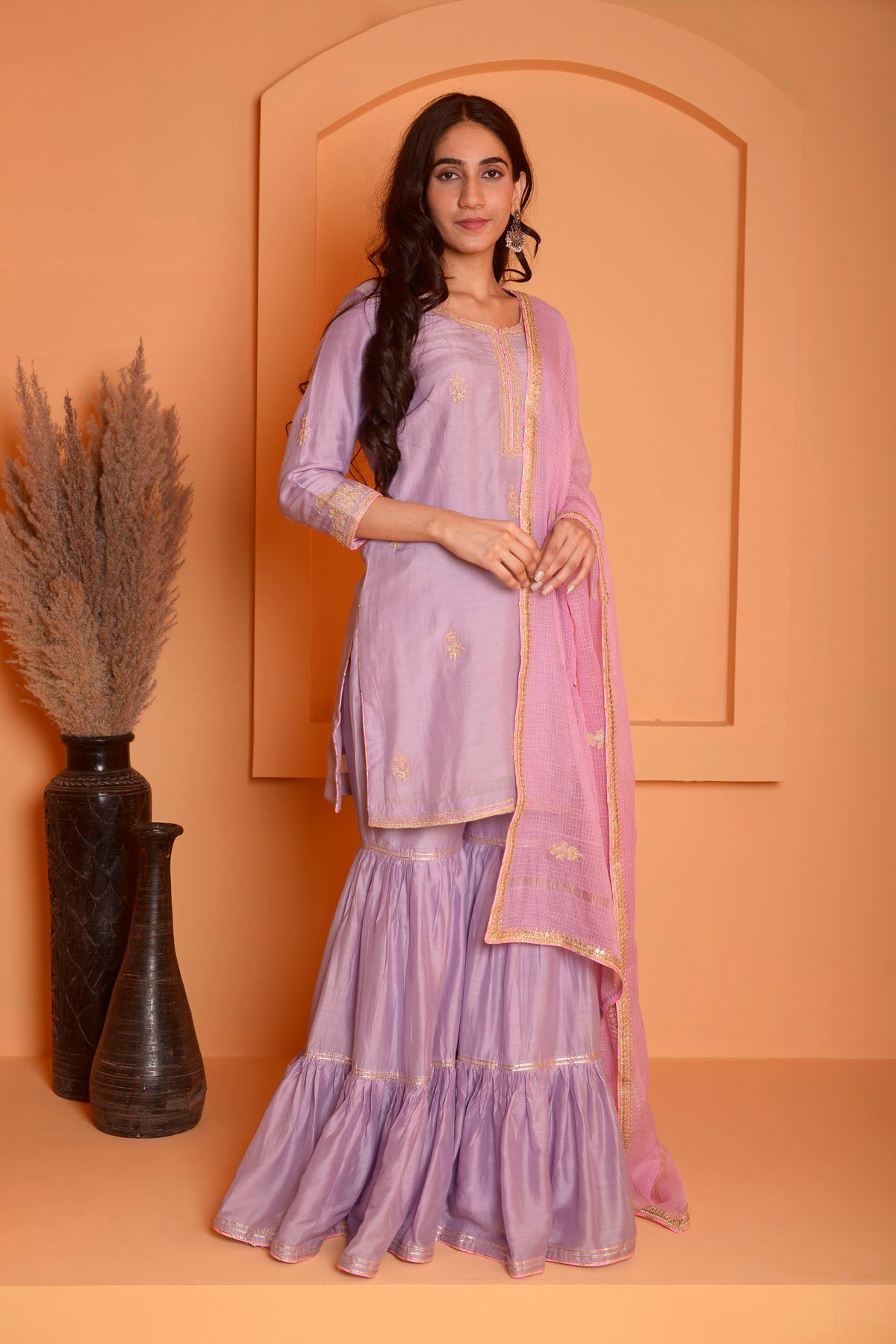 Rimjhim Lilac Dori Embroidery Kurta With Garara And Contrast Dupatta