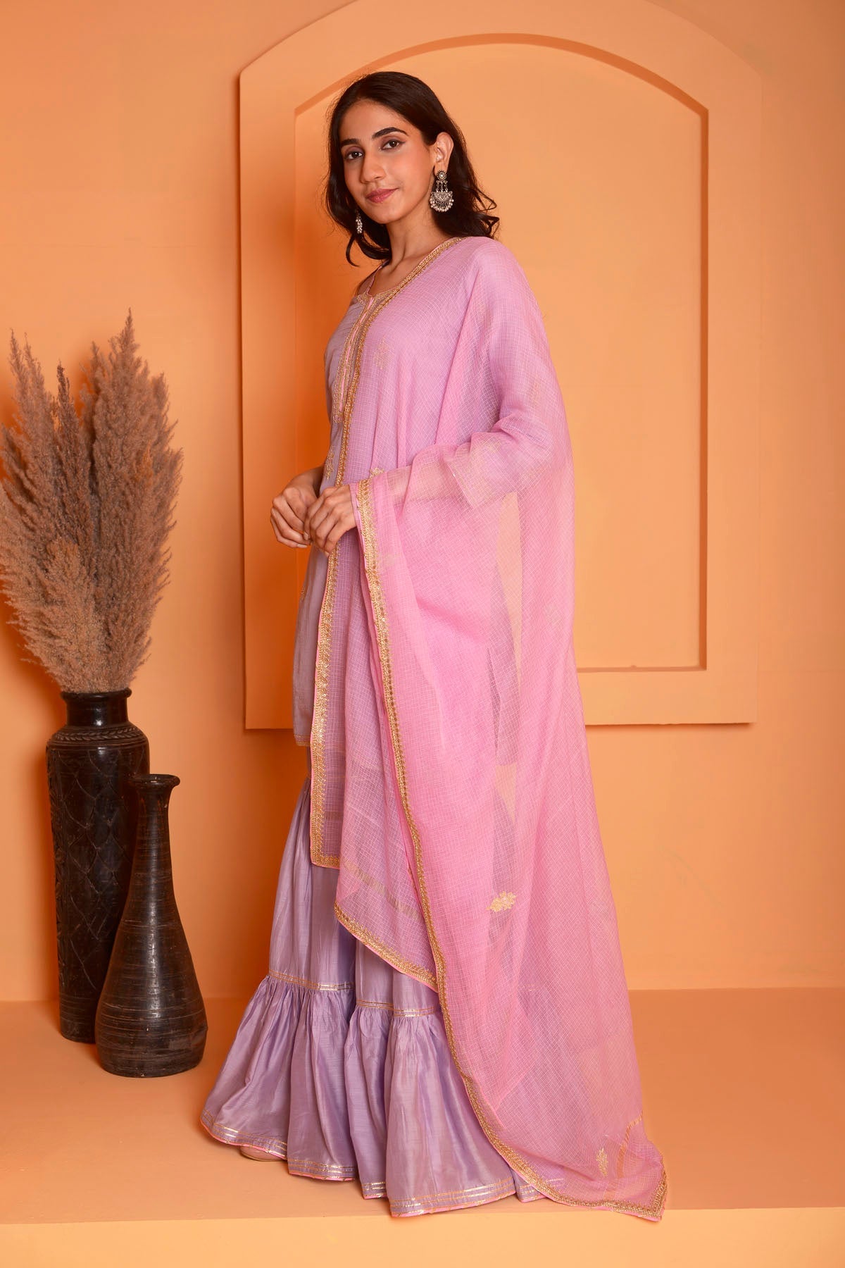 Rimjhim Lilac Dori Embroidery Kurta With Garara And Contrast Dupatta