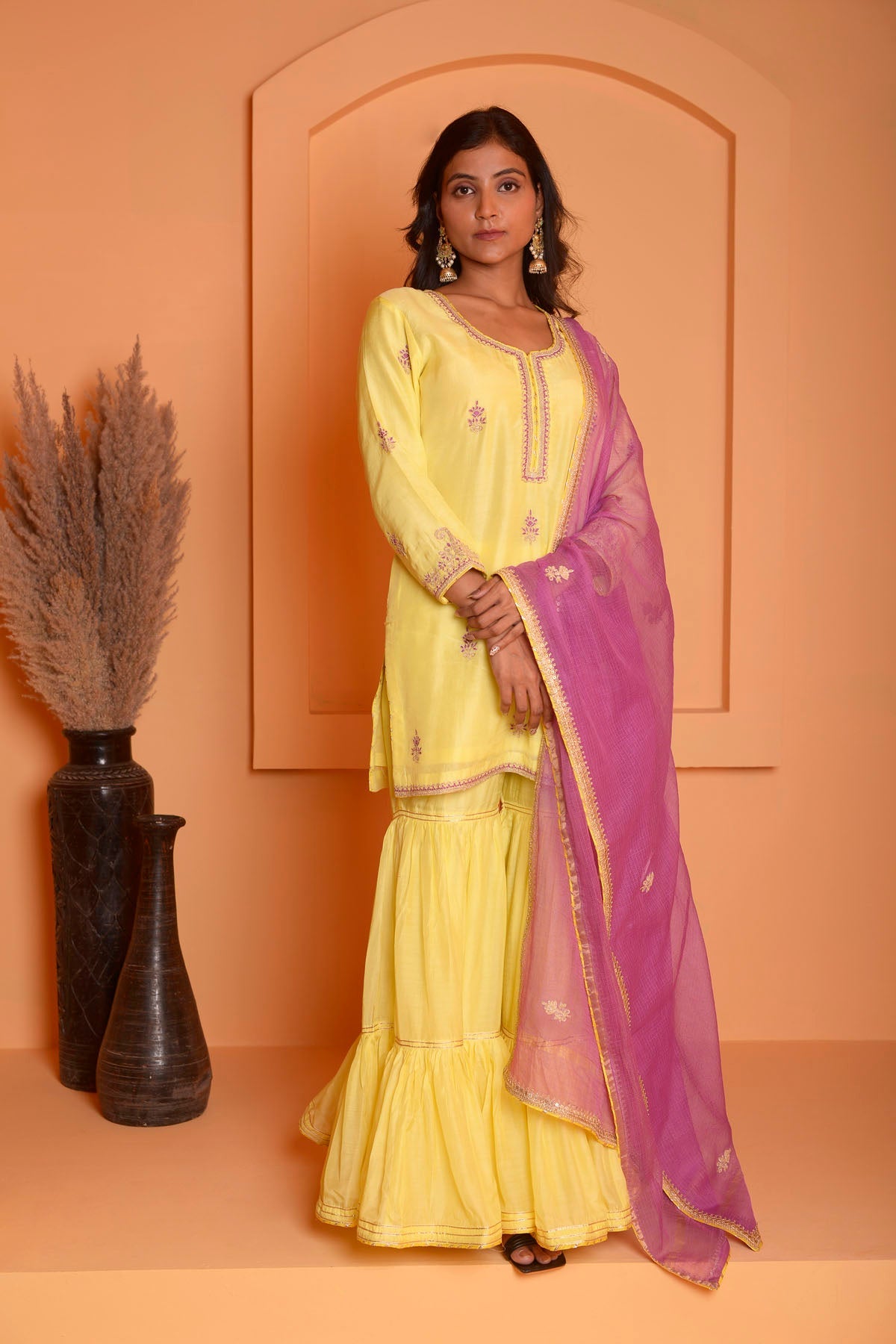 Rimjhim Yellow Dori Embroidery Kurta With Garara And Contrast Dupatta