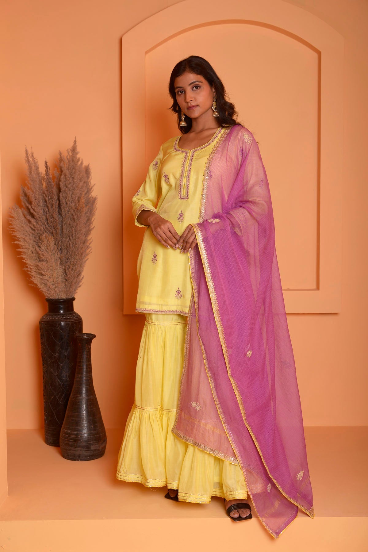 Rimjhim Yellow Dori Embroidery Kurta With Garara And Contrast Dupatta