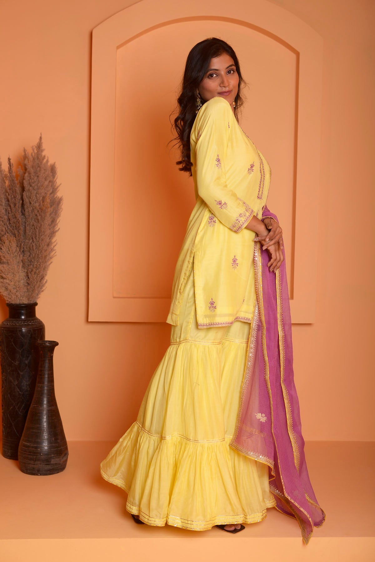 Rimjhim Yellow Dori Embroidery Kurta With Garara And Contrast Dupatta