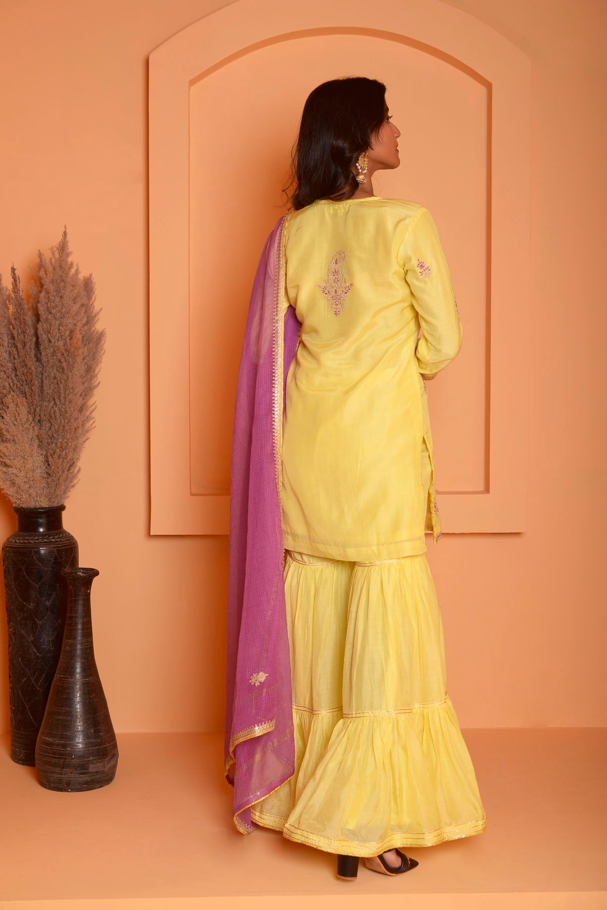 Rimjhim Yellow Dori Embroidery Kurta With Garara And Contrast Dupatta