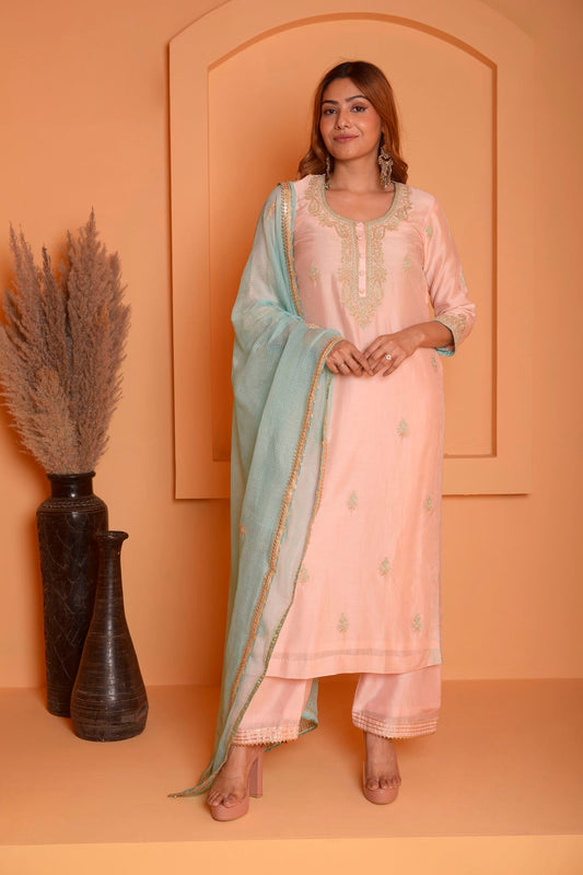 Rimjhim Peach Dori Embroidery Kurta With Plazzo And Contrast Dupatta