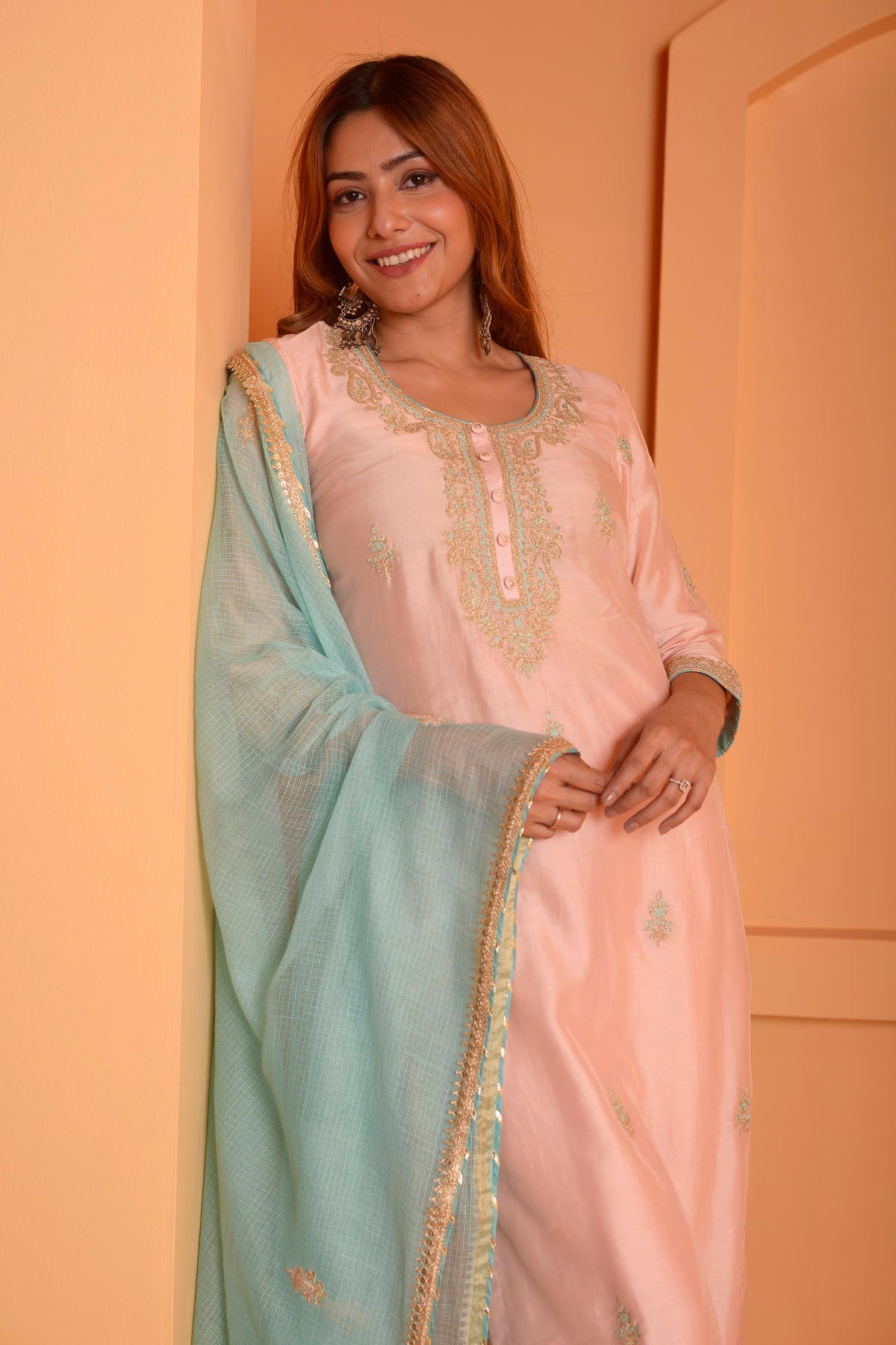 Rimjhim Peach Dori Embroidery Kurta With Plazzo And Contrast Dupatta