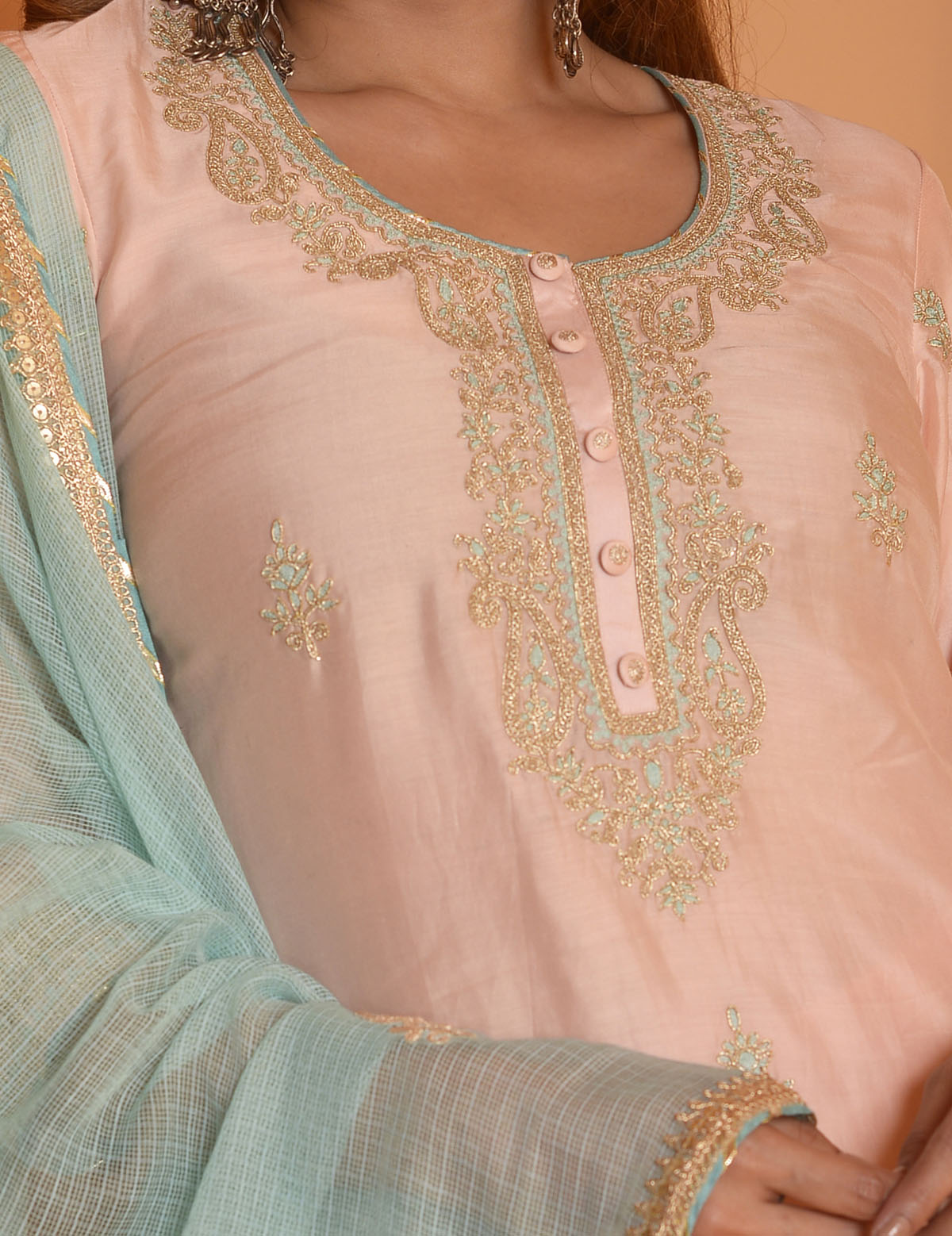 Rimjhim Peach Dori Embroidery Kurta With Plazzo And Contrast Dupatta