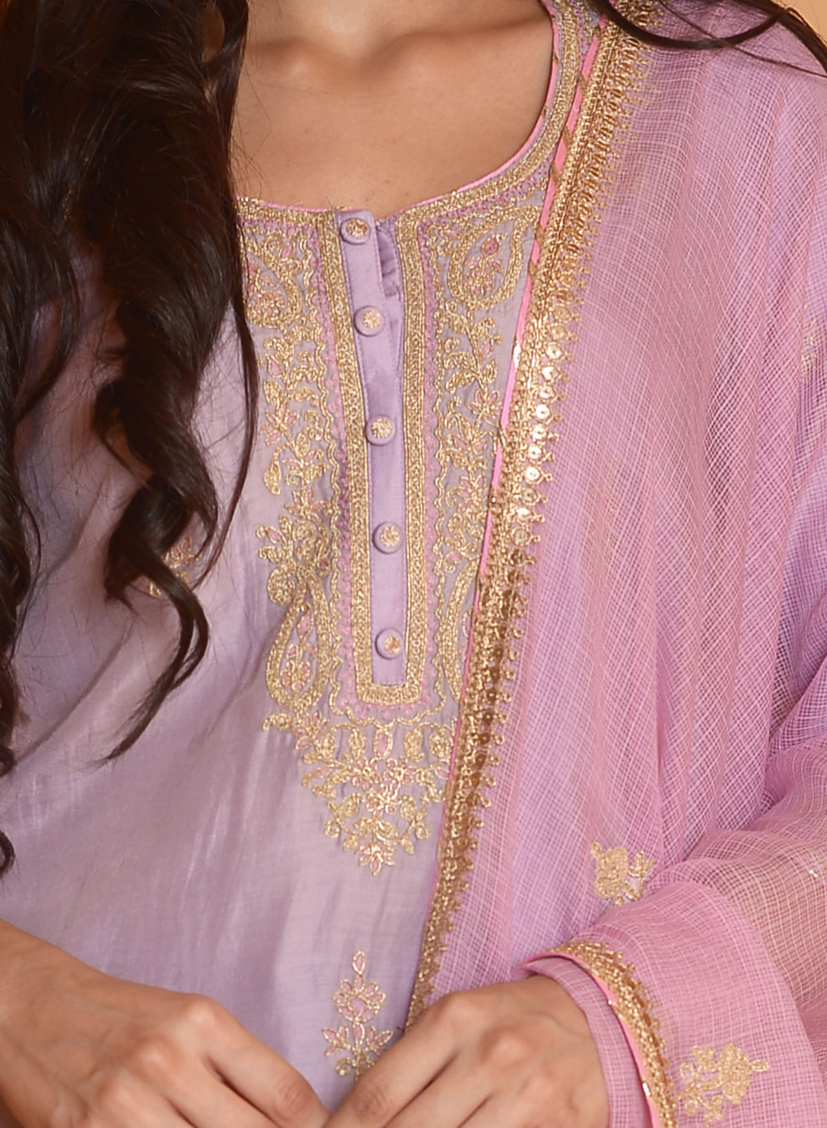 Rimjhim Lilac Dori Embroidery Kurta With Plazzo And Contrast Dupatta