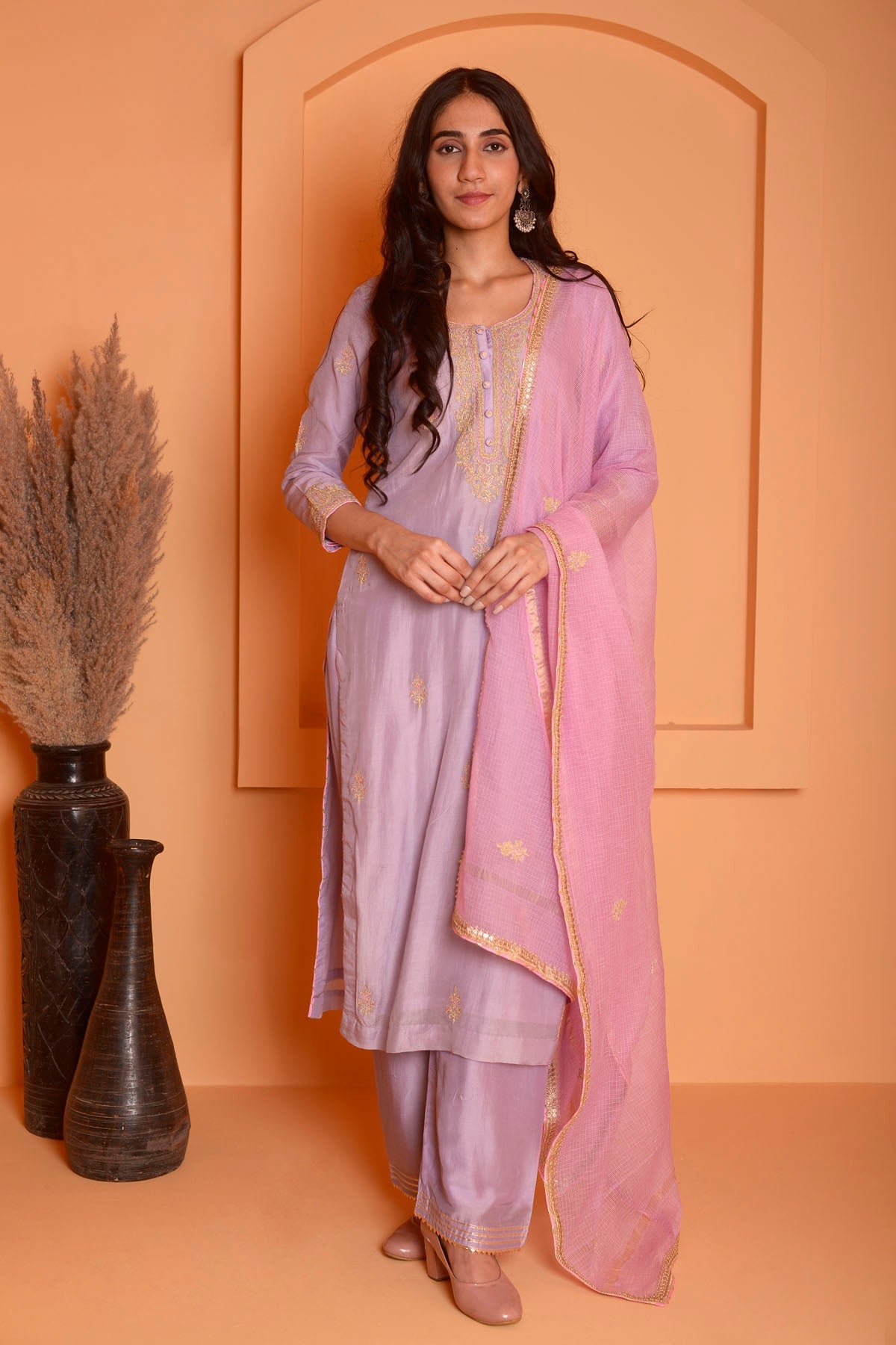 Rimjhim Lilac Dori Embroidery Kurta With Plazzo And Contrast Dupatta