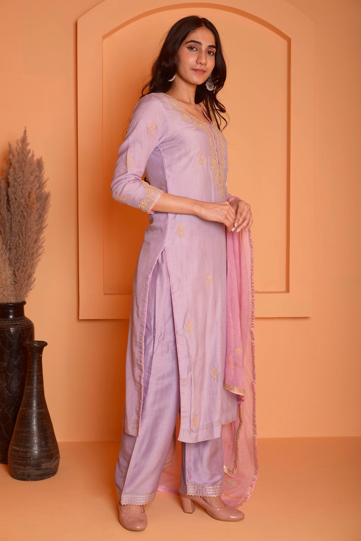 Rimjhim Lilac Dori Embroidery Kurta With Plazzo And Contrast Dupatta