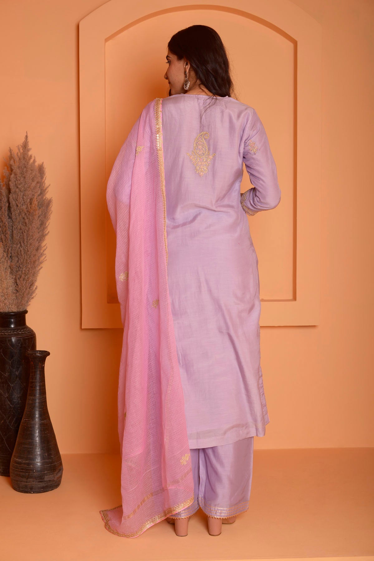 Rimjhim Lilac Dori Embroidery Kurta With Plazzo And Contrast Dupatta