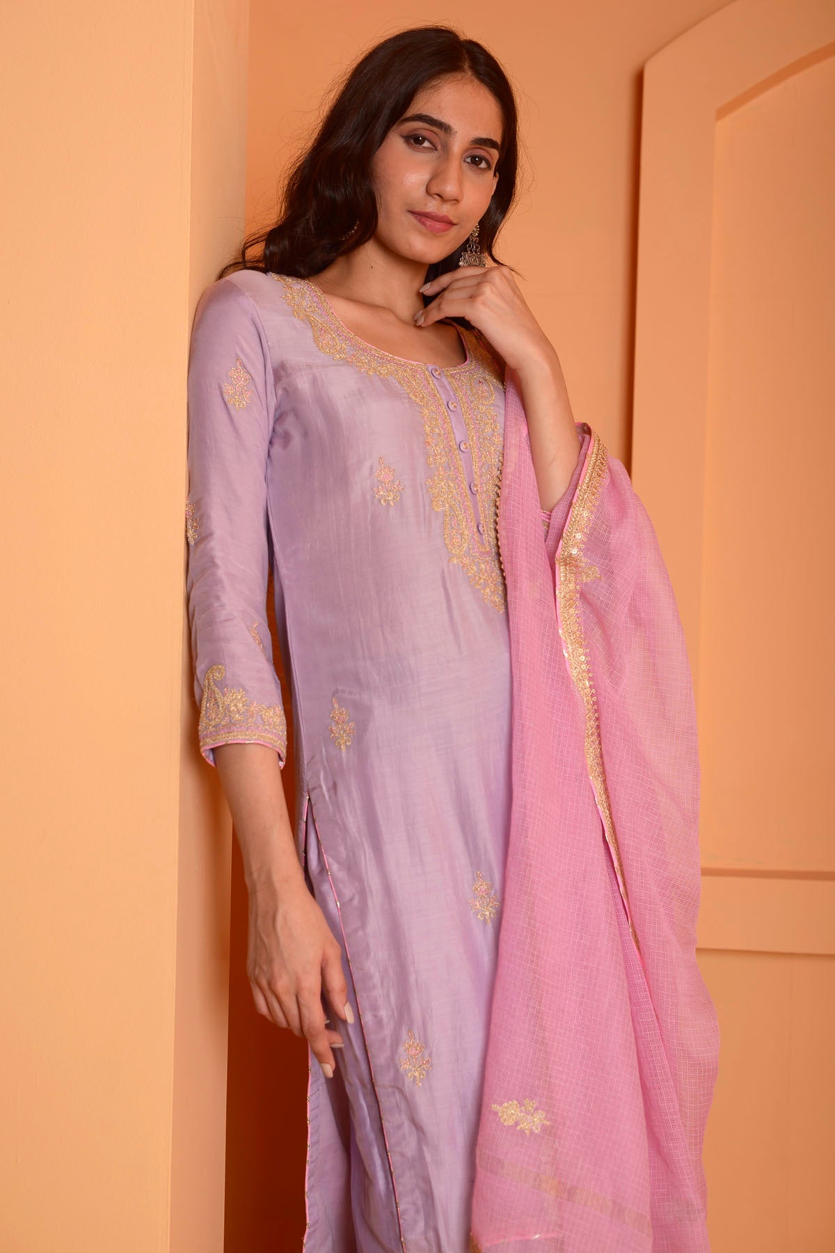 Rimjhim Lilac Dori Embroidery Kurta With Plazzo And Contrast Dupatta