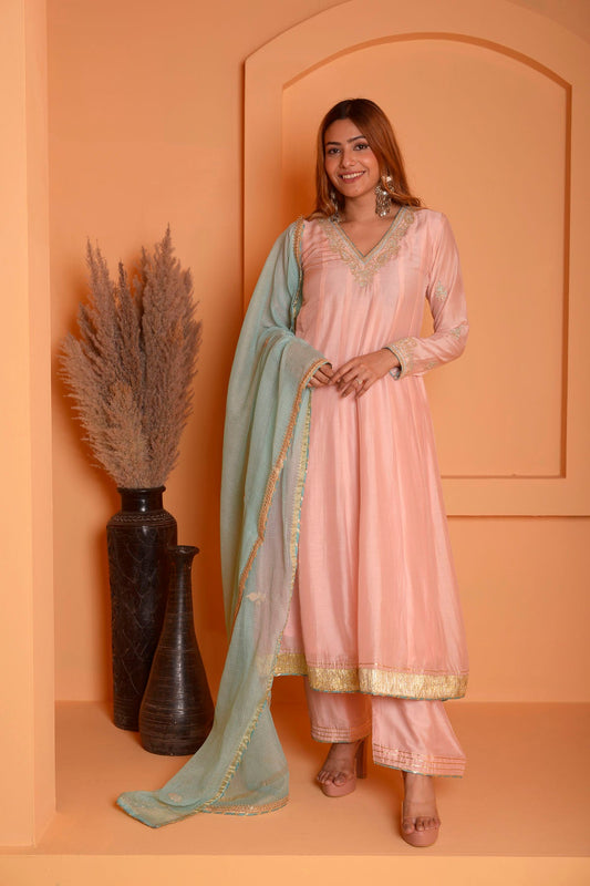 Rimjhim Peach Dori Embroidery Anarkali With Plazzo And Contrast Dupatta