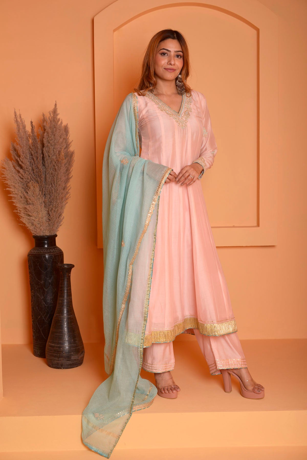 Rimjhim Peach Dori Embroidery Anarkali With Plazzo And Contrast Dupatta