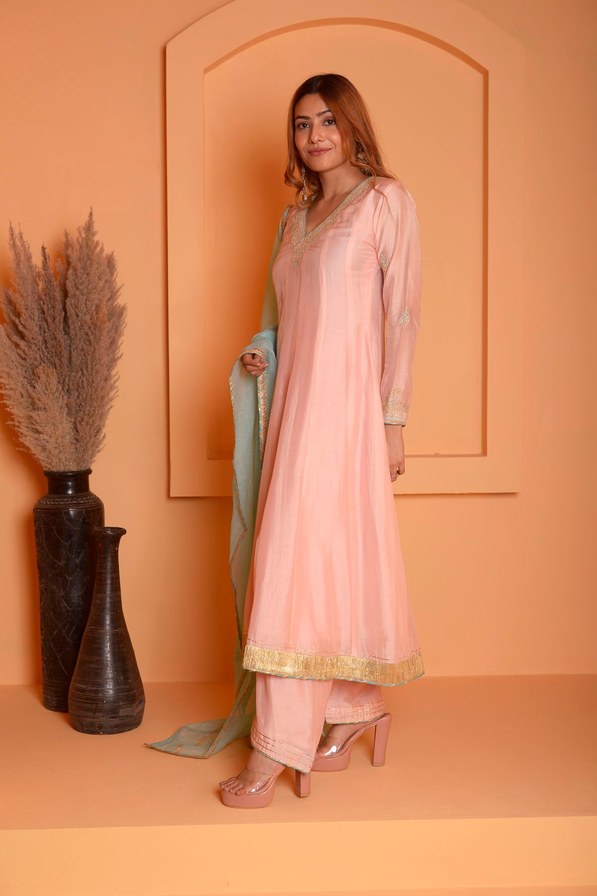 Rimjhim Peach Dori Embroidery Anarkali With Plazzo And Contrast Dupatta