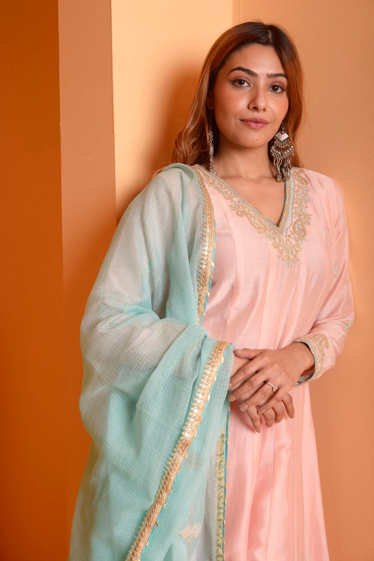 Rimjhim Peach Dori Embroidery Anarkali With Plazzo And Contrast Dupatta